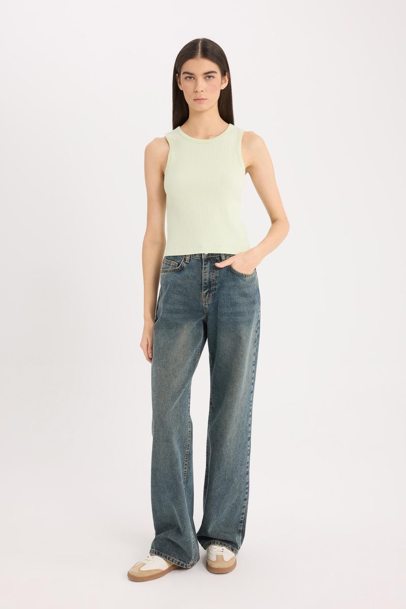 DeFacto Green Woman Slim Fit Halter Neck Basic Ribbed Camisole Tank Top Casual - Image 2