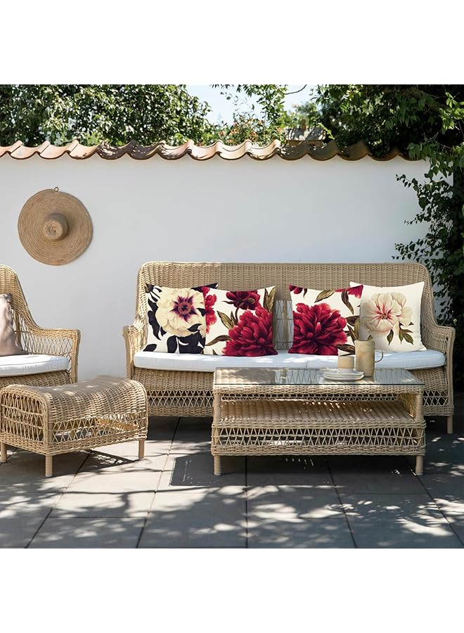 erorex 4 Pack Red Peony Flower Cushion Covers Polyester Linen Pillowcases Suitable For Sofa Couch Bedroom Indoor Outdoor Decor Set 45 X 45 Cm - Image 3