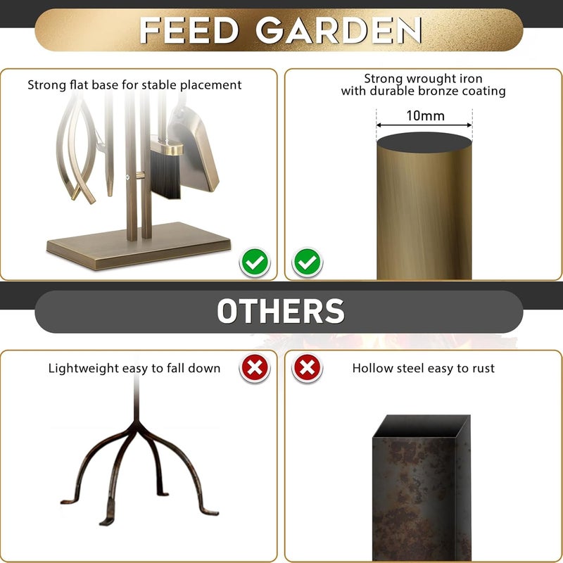FEED GARDEN مجموعة أدوات المدفأة 29 بوصة 5 قطع من الحديد المطاوع لمدفأة داخلية وخارجية مع شوكة، ملقط، مجرفة، فرشاة، قاعدة، برونز عتيق - Image 4
