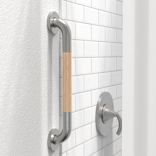 AquaChase Safety Grab Bar for Bathroom Toilet Natural Bamboo Handle ADA Compliant Balance Assist Handrail for Handicap and Seniors 16in Brushed Nickel - Image 3