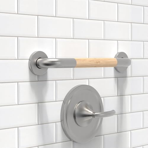 AquaChase Safety Grab Bar for Bathroom Toilet Natural Bamboo Handle ADA Compliant Balance Assist Handrail for Handicap and Seniors 16in Brushed Nickel - Image 1