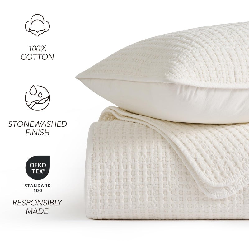 EverGrace Stonewashed 100% Natural Cotton Waffle Quilt Set Queen Size 3 Pieces, Durable, Textured & Substantial Bedding, Quilted Coverlet Bedspread with 2 Shams for All Seasons, Bright White - Image 4