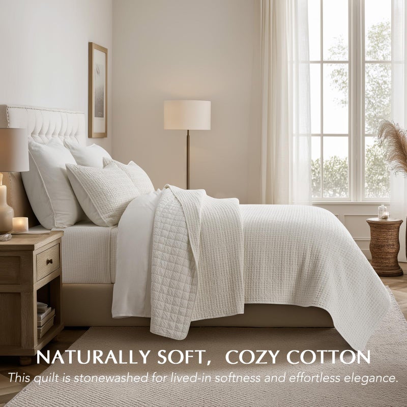 EverGrace Stonewashed 100% Natural Cotton Waffle Quilt Set Queen Size 3 Pieces, Durable, Textured & Substantial Bedding, Quilted Coverlet Bedspread with 2 Shams for All Seasons, Bright White - Image 2