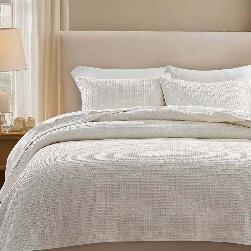 EverGrace Stonewashed 100% Natural Cotton Waffle Quilt Set Queen Size 3 Pieces, Durable, Textured & Substantial Bedding, Quilted Coverlet Bedspread with 2 Shams for All Seasons, Bright White - Image 1