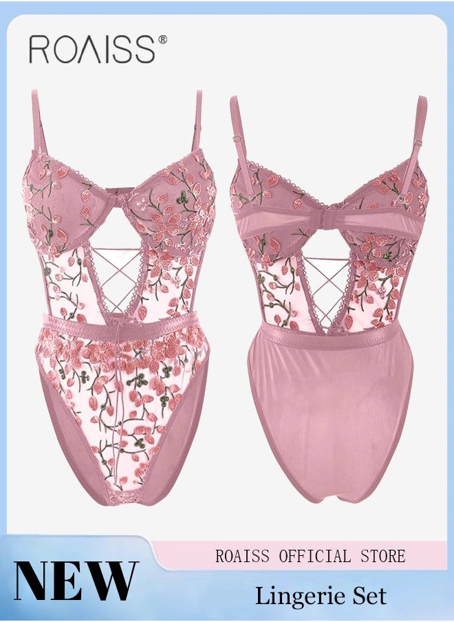 roaiss Floral Embroidered Lace Lingerie for Women One Piece Lace up Mesh Underwear Skin Friendly Comfort Nightgown  - Image 1