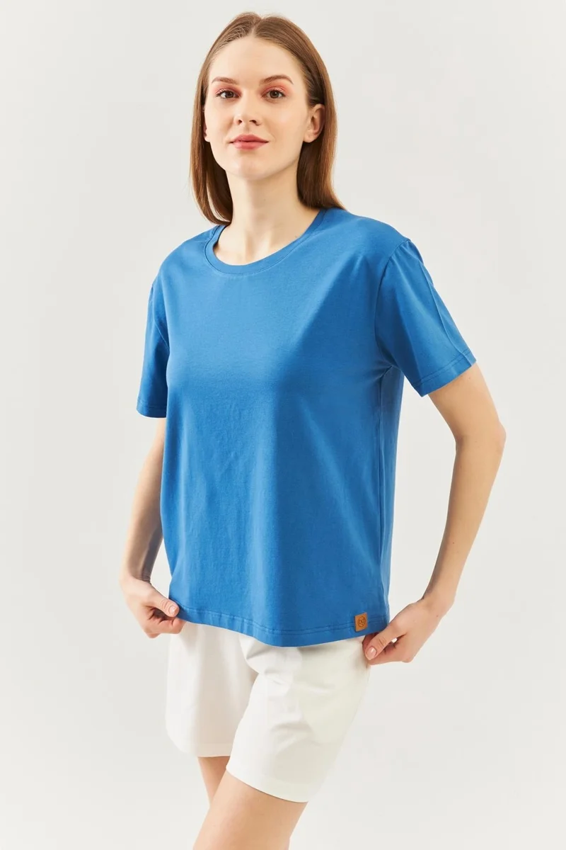 بوتيكجيز Blue Oversize Comfortable Cotton Combed Crew Neck Short Sleeve Basic T-Shirt