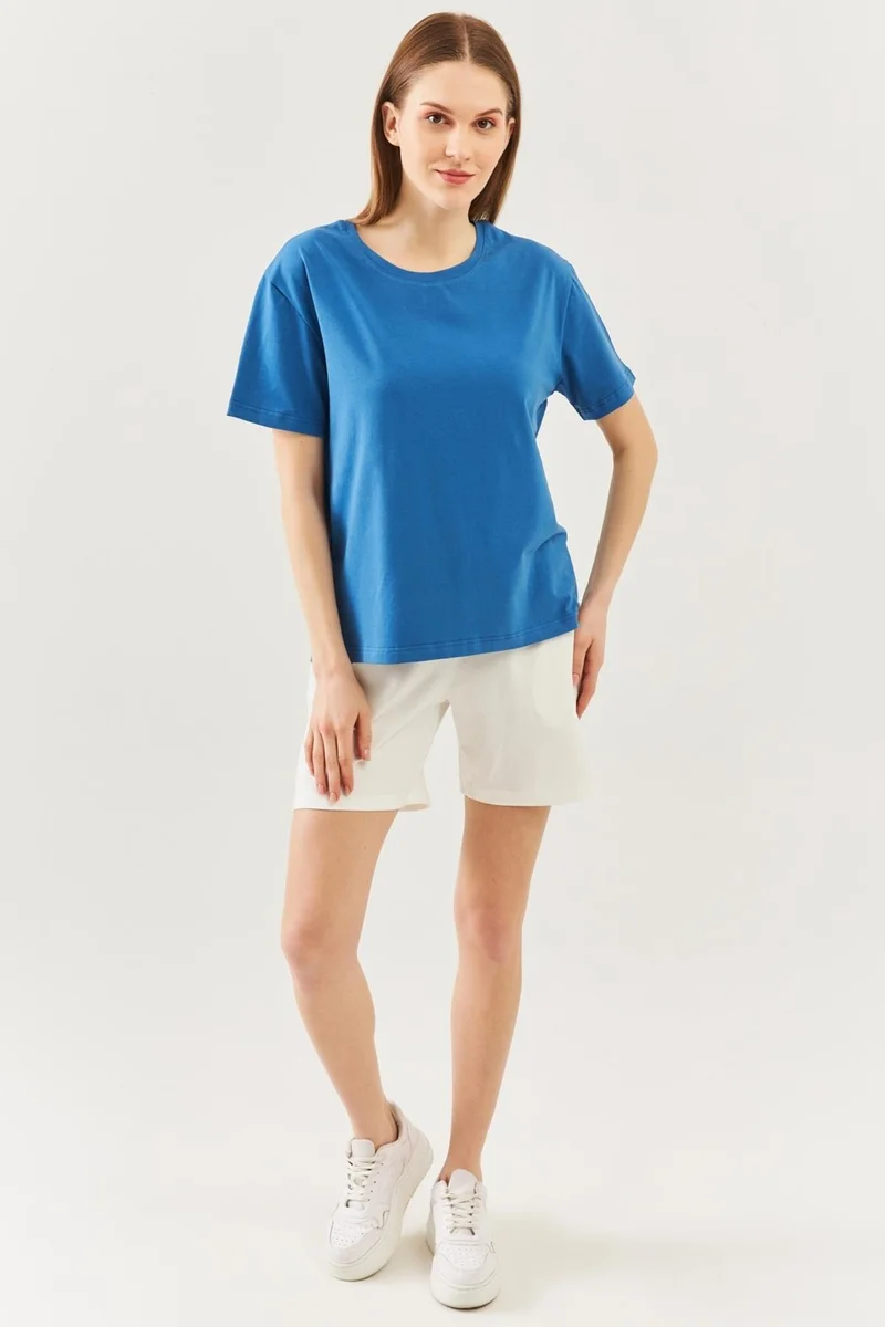 بوتيكجيز Blue Oversize Comfortable Cotton Combed Crew Neck Short Sleeve Basic T-Shirt