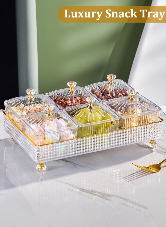 6 أوعية تقديم المكسرات مع غطاء، طبق نخيل التمر، صندوق حلوى، مجموعة صواني تقديم الوجبات الخفيفة المقسمة، طبق الفواكه المجففة، طبق مقبلات بلاستيكي، منظم تخزين التوابل، أطباق طعام شفافة، 27.5 × 18.5 × 11 سم - Image 1