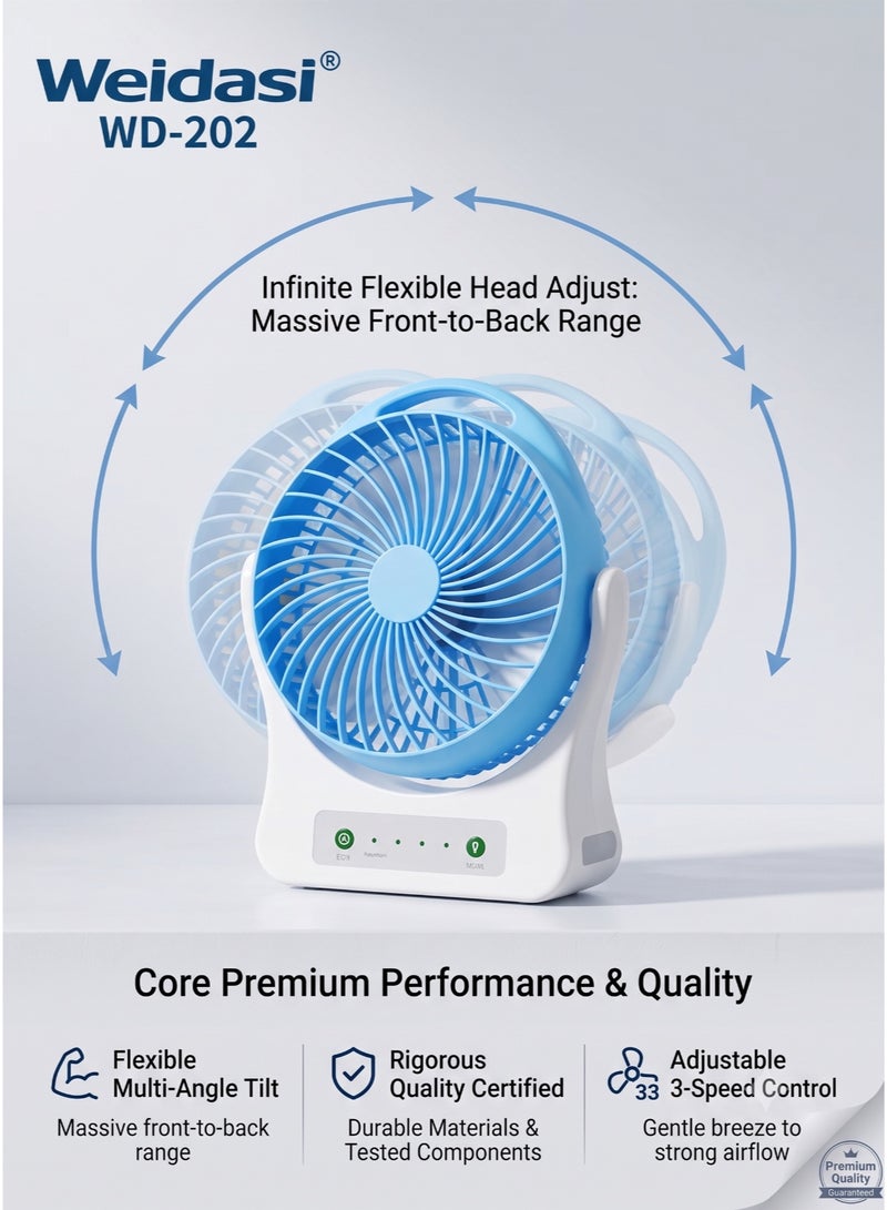 WEIDASI WD-202 Smart Rechargeable Desk Fan with Power Bank & Night Light – 3-Speed Quiet Airflow, Multi-Angle Tilt (Multicolor) - Image 4