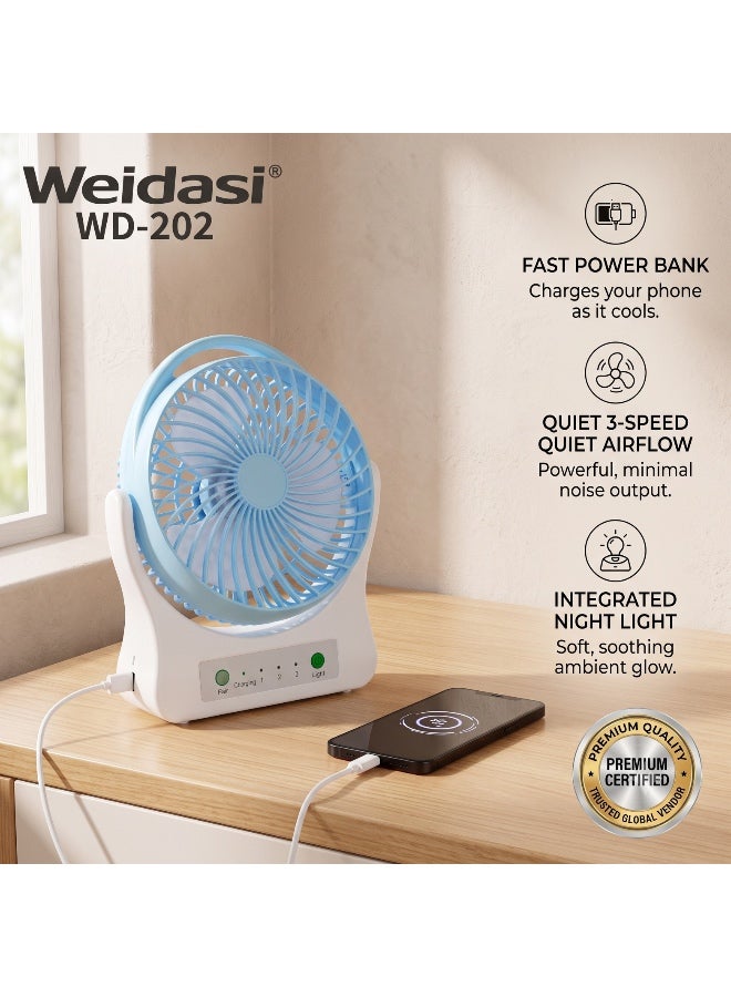 WEIDASI WD-202 Smart Rechargeable Desk Fan with Power Bank & Night Light – 3-Speed Quiet Airflow, Multi-Angle Tilt (Multicolor) - Image 5