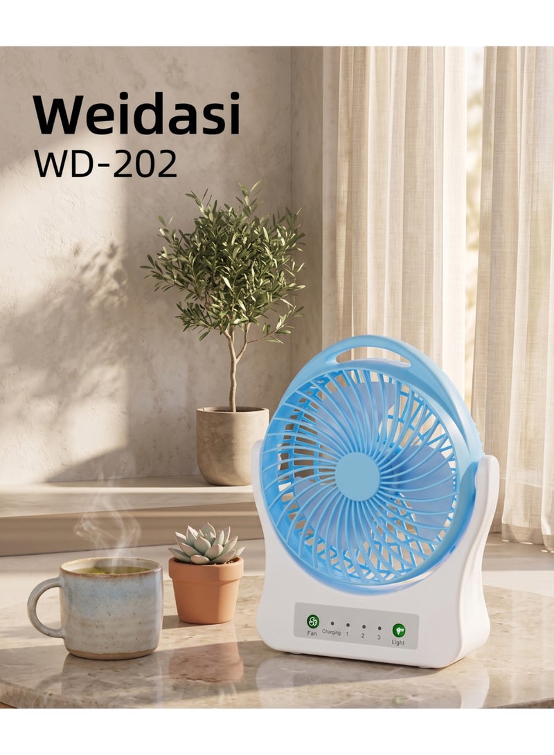 WEIDASI WD-202 Smart Rechargeable Desk Fan with Power Bank & Night Light – 3-Speed Quiet Airflow, Multi-Angle Tilt (Multicolor) - Image 3