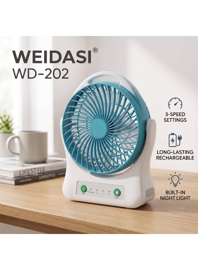 WEIDASI WD-202 Smart Rechargeable Desk Fan with Power Bank & Night Light – 3-Speed Quiet Airflow, Multi-Angle Tilt (Multicolor) - Image 1