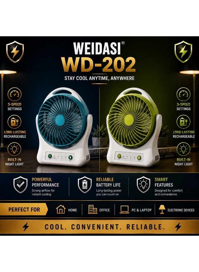 WEIDASI WD-202 Smart Rechargeable Desk Fan with Power Bank & Night Light – 3-Speed Quiet Airflow, Multi-Angle Tilt (Multicolor) - Image 1