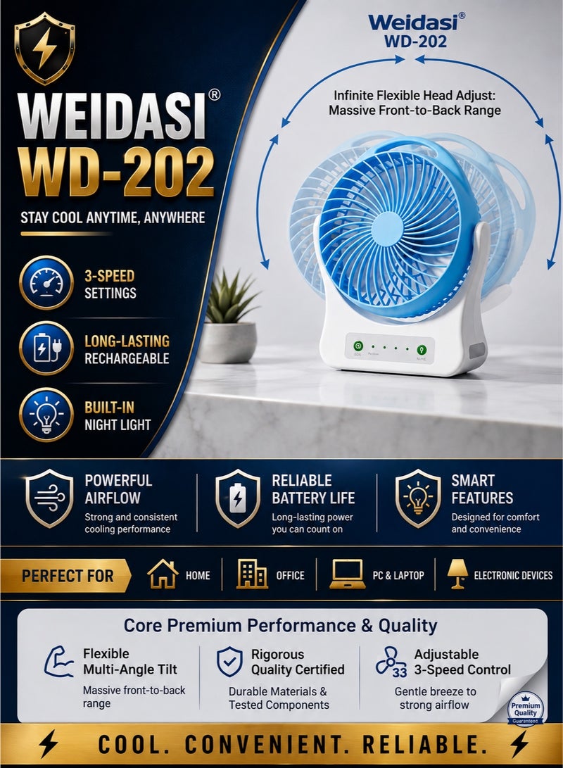 WEIDASI WD-202 Smart Rechargeable Desk Fan with Power Bank & Night Light – 3-Speed Quiet Airflow, Multi-Angle Tilt (Multicolor) - Image 4