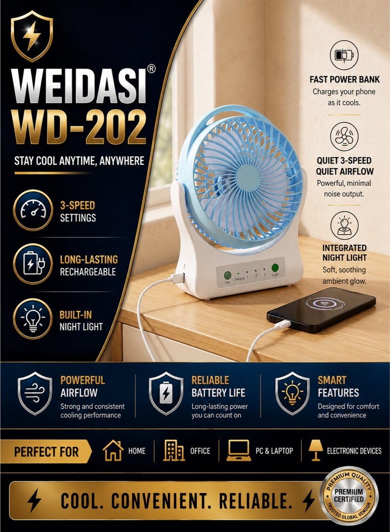 WEIDASI WD-202 Smart Rechargeable Desk Fan with Power Bank & Night Light – 3-Speed Quiet Airflow, Multi-Angle Tilt (Multicolor) - Image 5