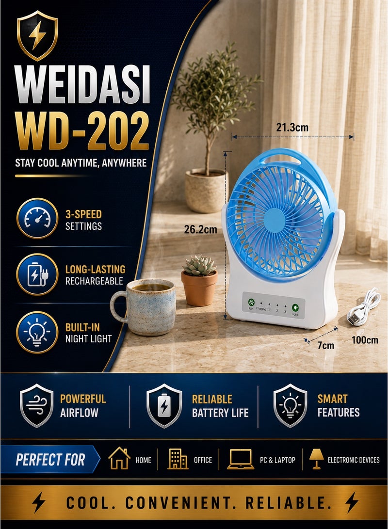 WEIDASI WD-202 Smart Rechargeable Desk Fan with Power Bank & Night Light – 3-Speed Quiet Airflow, Multi-Angle Tilt (Multicolor) - Image 3
