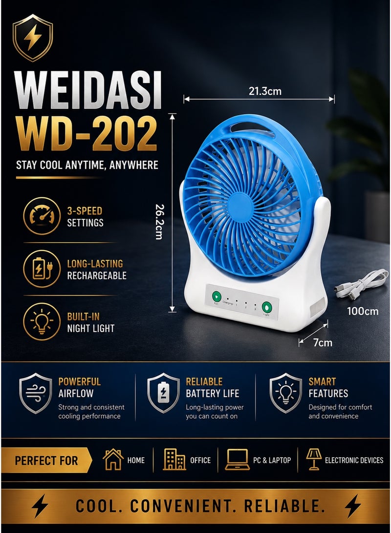 WEIDASI WD-202 Smart Rechargeable Desk Fan with Power Bank & Night Light – 3-Speed Quiet Airflow, Multi-Angle Tilt (Multicolor) - Image 2