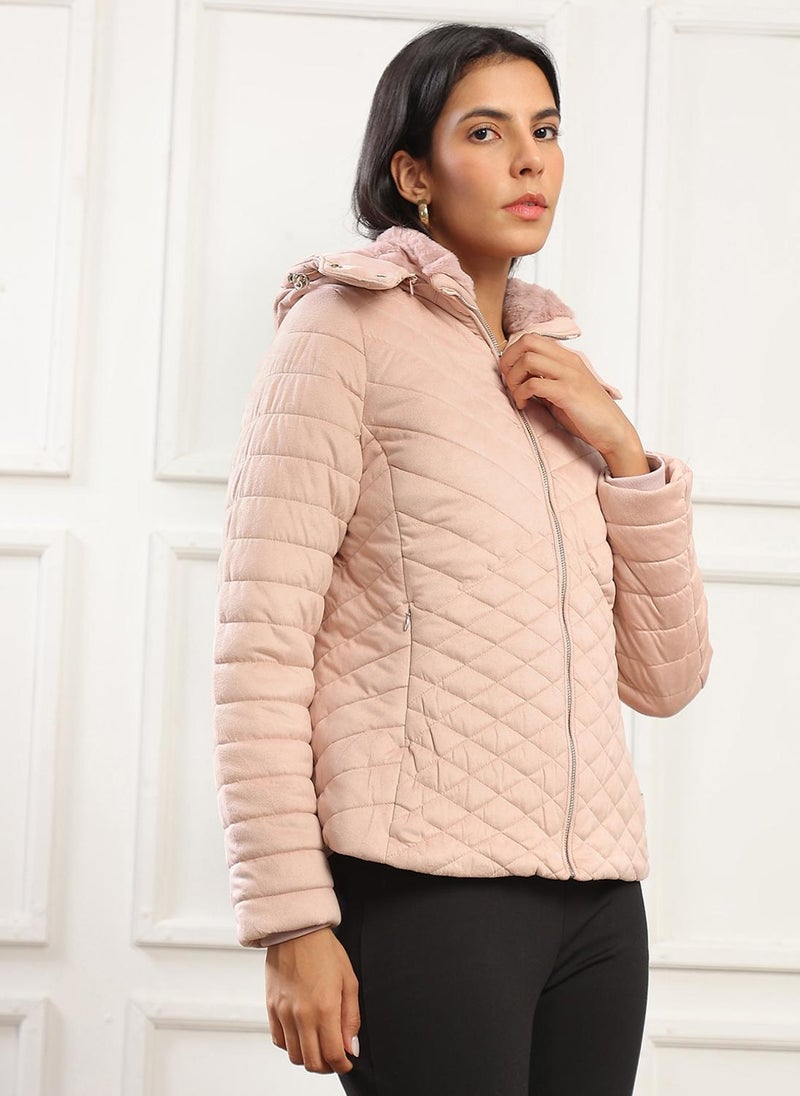 Globus Women Pink Mock Neck Front Zip Winter Wear Insulator Puffer Jacket With Detachable Soft Functional Hood - Image 3