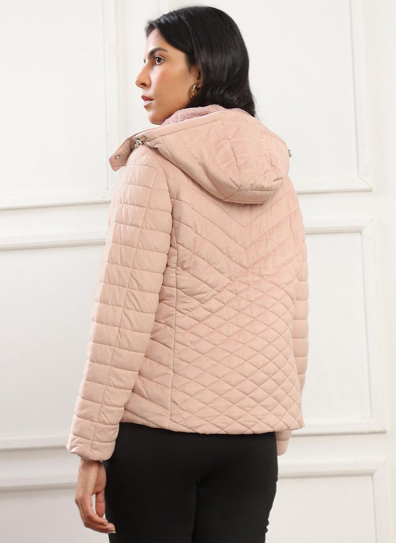 Globus Women Pink Mock Neck Front Zip Winter Wear Insulator Puffer Jacket With Detachable Soft Functional Hood - Image 4