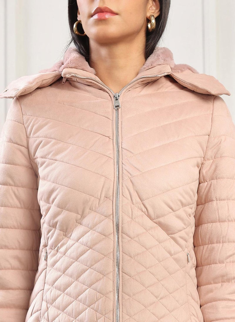 Globus Women Pink Mock Neck Front Zip Winter Wear Insulator Puffer Jacket With Detachable Soft Functional Hood - Image 5