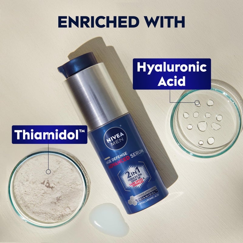 NIVEA MEN Age Defense Advanced Face Serum for Dark Spots with Thiamidol (TM) + Hyaluronic Acid, Fast-Absorbing Face Serum for Men Helps Reduce Look of Dark Spots, Fine Lines & Wrinkles, 1 Fl Oz Bottle - Image 4