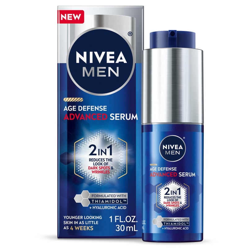 NIVEA MEN Age Defense Advanced Face Serum for Dark Spots with Thiamidol (TM) + Hyaluronic Acid, Fast-Absorbing Face Serum for Men Helps Reduce Look of Dark Spots, Fine Lines & Wrinkles, 1 Fl Oz Bottle - Image 1