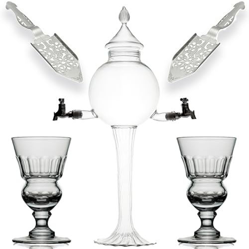 Amehla Absinthe Fountain Set - Glass Pearl Bubble Fountain with 2 Spouts, Absinthe Dripper Set, Complete with 2 Reservoir Pontarlier Absinthe Glasses and Absinthe Spoons. - Image 1