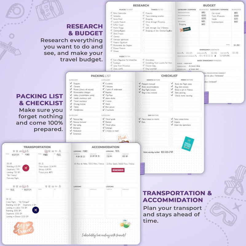 Clever Fox Travel Journal â€“ Vacation & Trip Organizer with Budget Plan, Packing List, Travelling Expense Tracker, A5 (Lavender) - Image 4