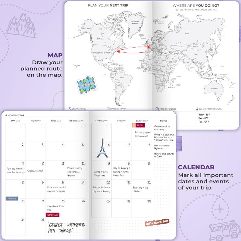 Clever Fox Travel Journal â€“ Vacation & Trip Organizer with Budget Plan, Packing List, Travelling Expense Tracker, A5 (Lavender) - Image 3