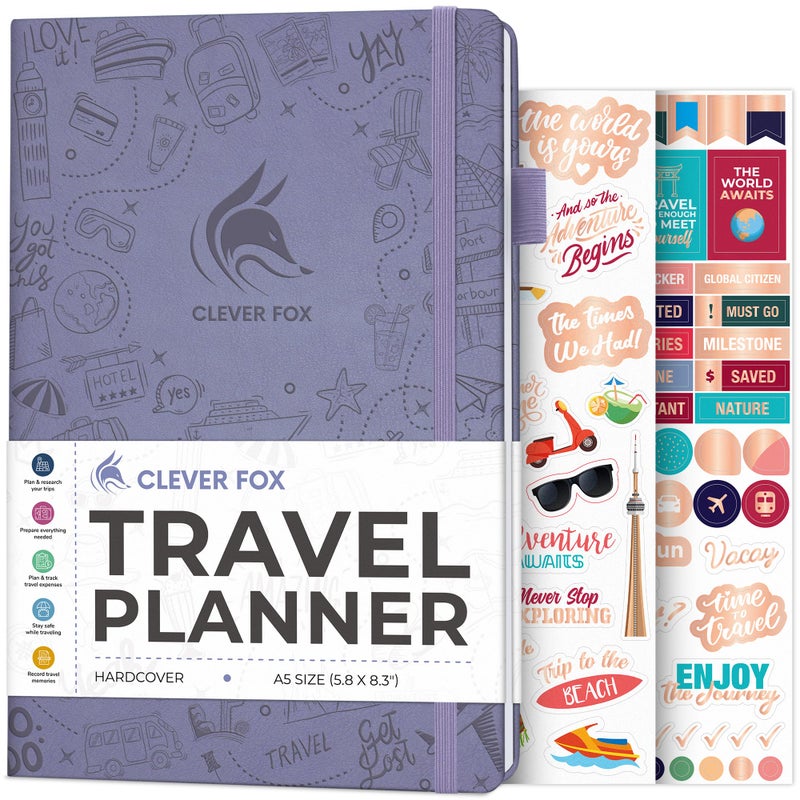 Clever Fox Travel Journal â€“ Vacation & Trip Organizer with Budget Plan, Packing List, Travelling Expense Tracker, A5 (Lavender) - Image 1