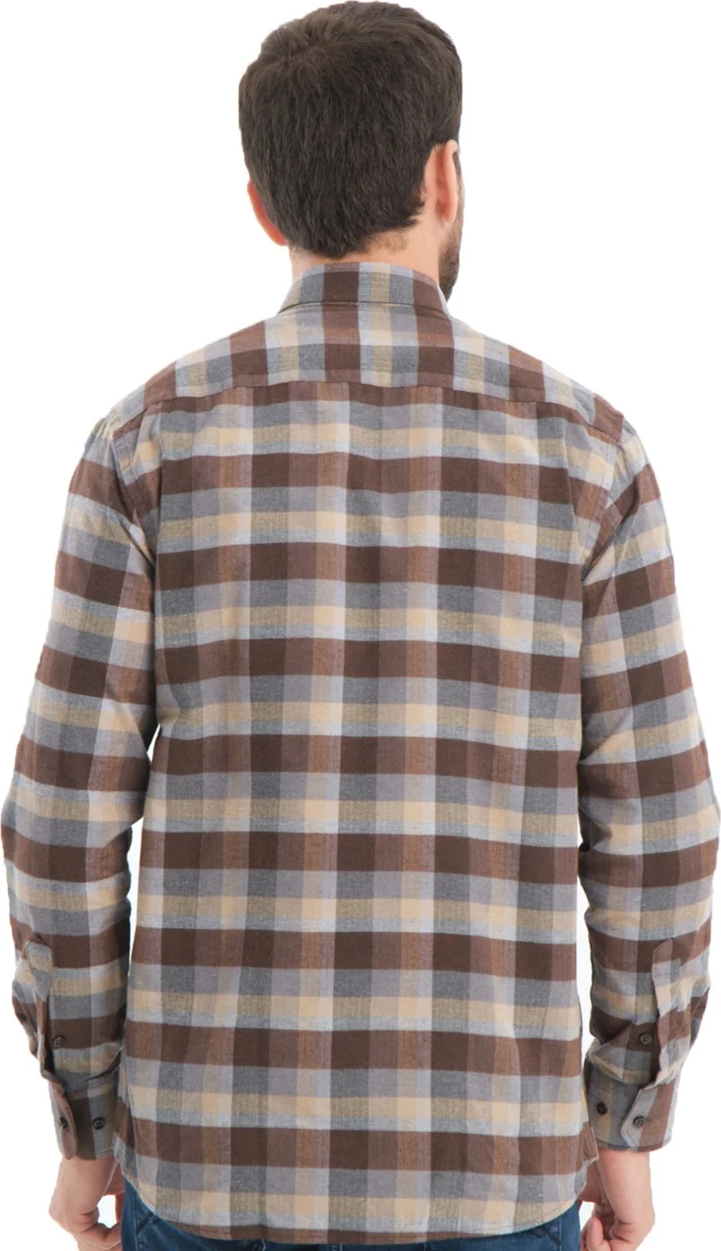 Varetta Men's Brown Gray Checkered Winter Woolen Pocket Wide Cut Shirt