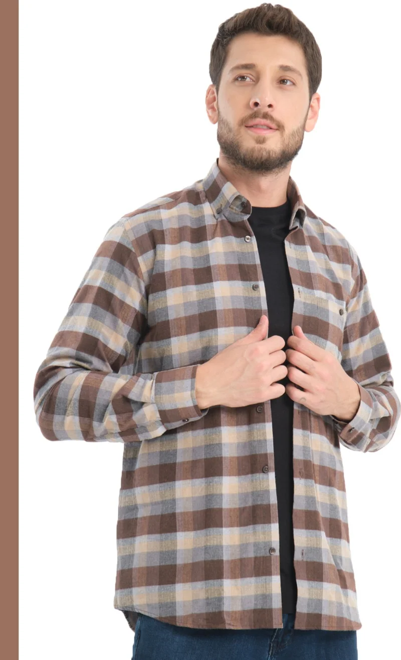 Varetta Men's Brown Gray Checkered Winter Woolen Pocket Wide Cut Shirt