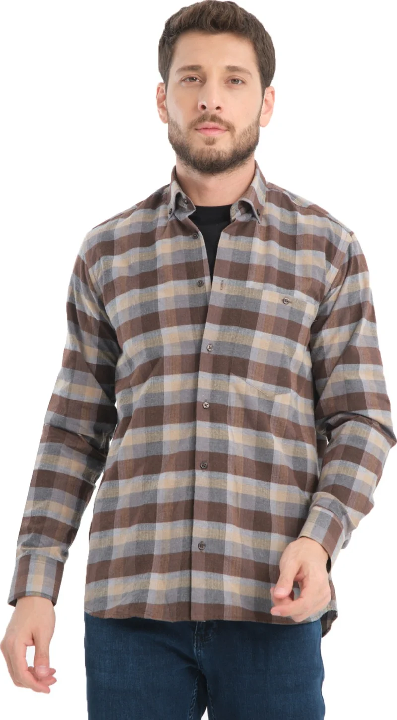Varetta Men's Brown Gray Checkered Winter Woolen Pocket Wide Cut Shirt