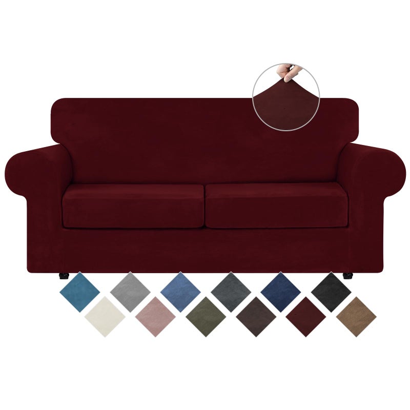 WEERRW Velvet Couch Covers for 2 Cushion Couch Sofa High Stretch Luxury Velvet Plush 3 Pieces Sofa Slipcovers with Elastic Bottom Furniture Protector for Pets Machine Washable Burgundy Medium