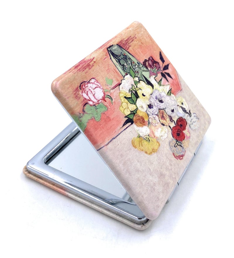 Aeisage Small Purse Mirror Van Gogh Japanese Vase with Roses and Anemones Mirror Floral Compact Mirror Bridesmaid Mirrors for Wedding - Image 3