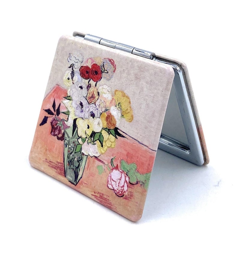 Aeisage Small Purse Mirror Van Gogh Japanese Vase with Roses and Anemones Mirror Floral Compact Mirror Bridesmaid Mirrors for Wedding - Image 1