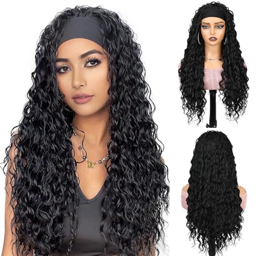 Creamily Long Body Wave Headband Wig Synthetic Curly Wigs for Women, Hair Wigs with Headband Wear and Go Glueless Women Wig Full Head (Black, 25 Inch) - Image 1