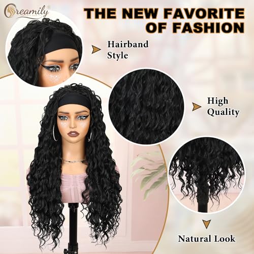 Creamily Long Body Wave Headband Wig Synthetic Curly Wigs for Women, Hair Wigs with Headband Wear and Go Glueless Women Wig Full Head (Black, 25 Inch) - Image 3