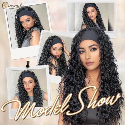 Creamily Long Body Wave Headband Wig Synthetic Curly Wigs for Women, Hair Wigs with Headband Wear and Go Glueless Women Wig Full Head (Black, 25 Inch) - Image 2