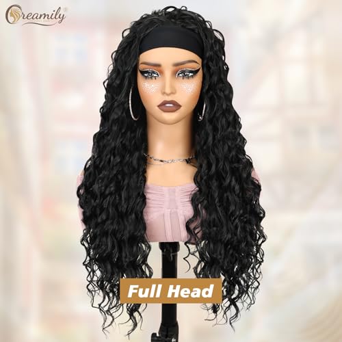 Creamily Long Body Wave Headband Wig Synthetic Curly Wigs for Women, Hair Wigs with Headband Wear and Go Glueless Women Wig Full Head (Black, 25 Inch) - Image 4
