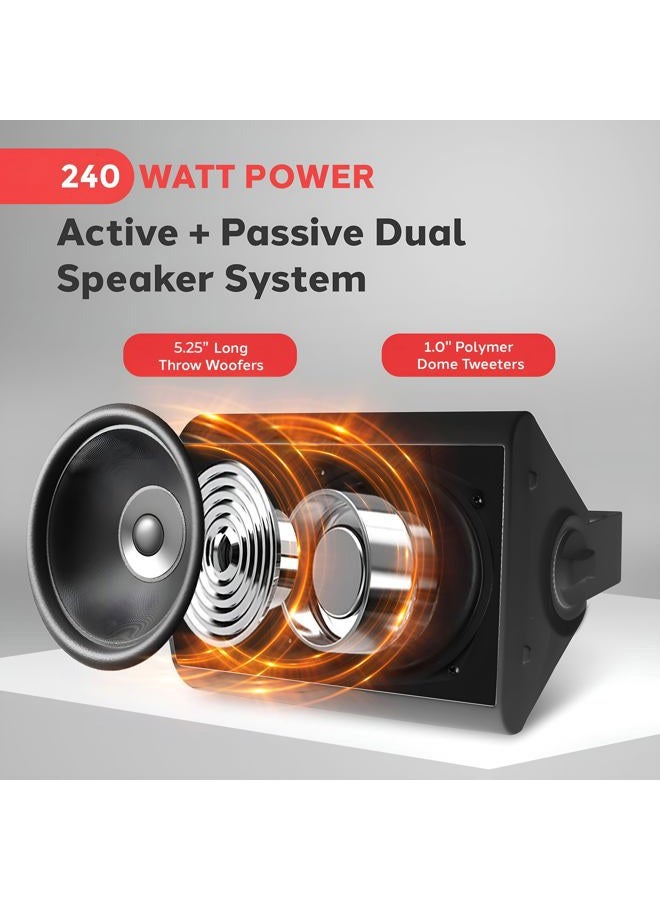 Pyle Waterproof Wall Mount Speaker System - 5.25 Inch Active + Passive Pair Wireless Bluetooth Compatible Indoor/Outdoor Stereo Sound Set with AUX IN - Pyle PDWR52BTBK (Black) - Image 5