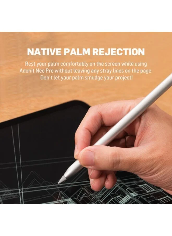 ADONIT ADONIT Neo Pro Apple iPad Native Palm Rejection Stylus - Charges on the iPad via Magnetic Attachment - Silver