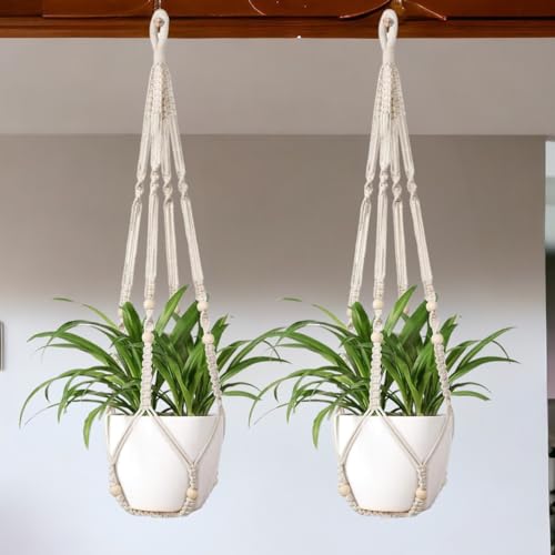 ecofynd 2 Pack Macrame Plant Hanger Indoor Hanging Planter Basket with Wood Beads Decorative Flower Pot Holder for Indoor Outdoor Boho Home Decor 35 Inch, Ivory (POTS NOT Included) - Image 1