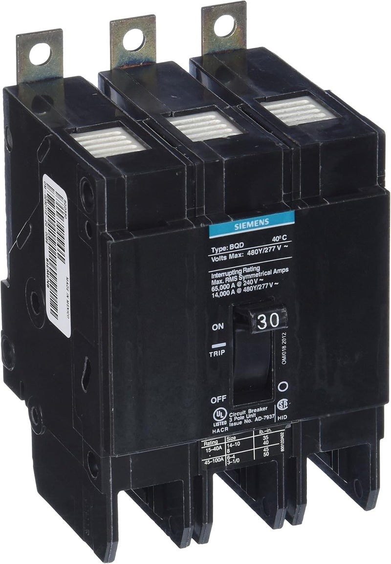 Siemens BQD330 30Amp Three Pole 480Y277V AC 14KAIC Bolt in Breaker - Image 1