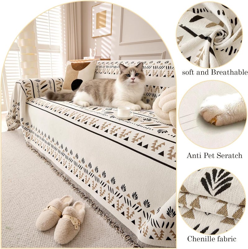 Chenille Sofa Cover, Dogs Furniture Protector with Tassels, Bohemian Style Couch Protector, Washable Non Slip Sectional Sofa Slipcover (Champagne, 180 * 260cm) - Image 4