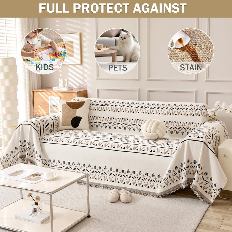Chenille Sofa Cover, Dogs Furniture Protector with Tassels, Bohemian Style Couch Protector, Washable Non Slip Sectional Sofa Slipcover (Champagne, 180 * 260cm) - Image 2
