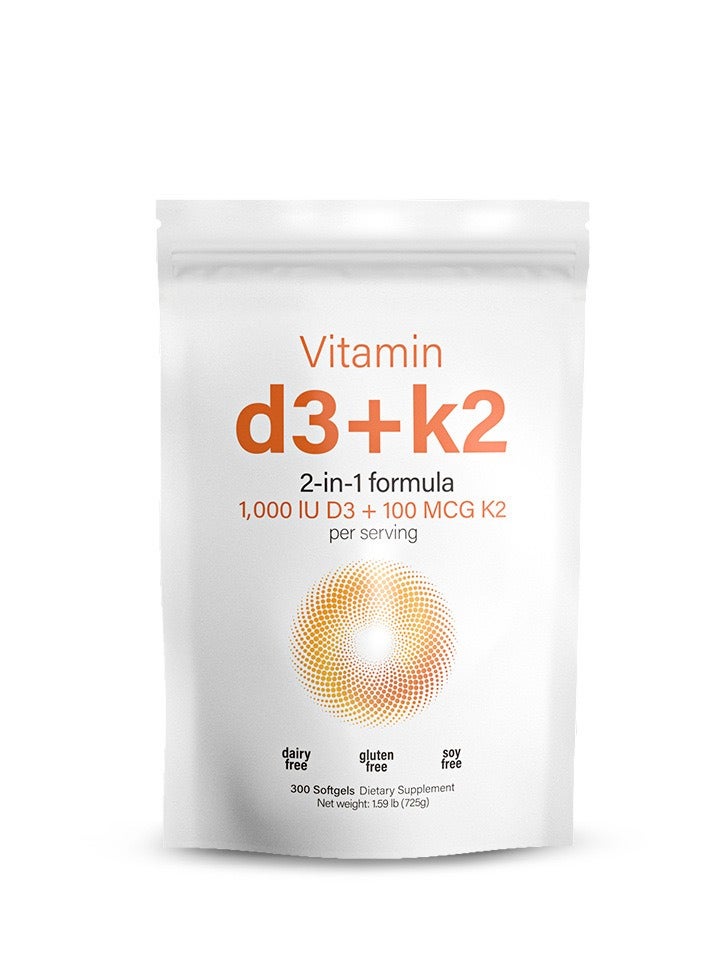 فيتامين D3 1000iu و K2 100ug دعم المناعة 2 في 1 تركيبة خالية من الكائنات المعدلة وراثيا خالية من الغلوتين خالية من الألبان - 300 كبسولة هلامية مكمل غذائي - Image 1
