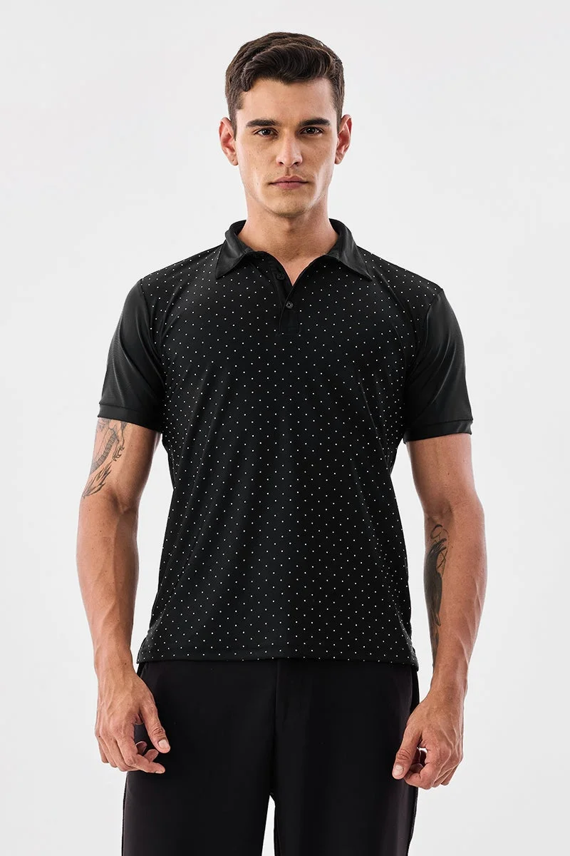 SNITCH Black Black Polka Dots Half Sleeve Regular Fit T-Shirt for Men | Best Price UAE