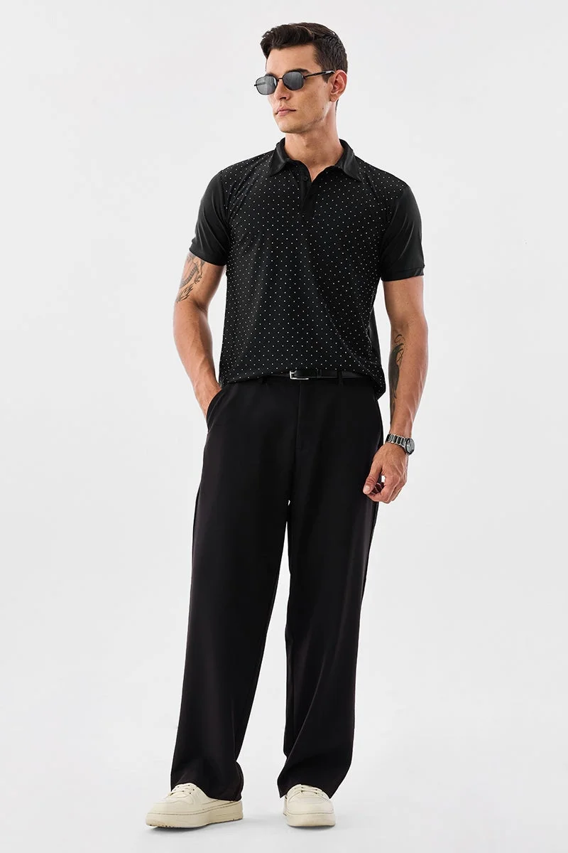 SNITCH Black Black Polka Dots Half Sleeve Regular Fit T-Shirt for Men | Best Price UAE