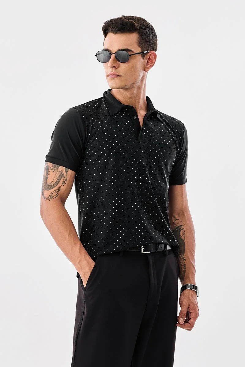 SNITCH Black Black Polka Dots Half Sleeve Regular Fit T-Shirt for Men | Best Price UAE